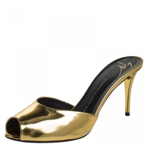 Pre Owned Giuseppe Zanotti Gold Leather Peep Toe Sandals Size 39
