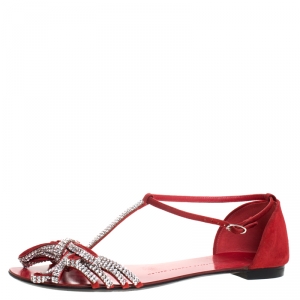 Pre Owned Giuseppe Zanotti Crystal Embellished Suede T Strap Flat Sandals Size 39.5