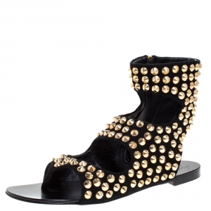 Pre Owned Giuseppe Zanotti Black Suede Leather Studded Ankle Flat Sandals Size 39