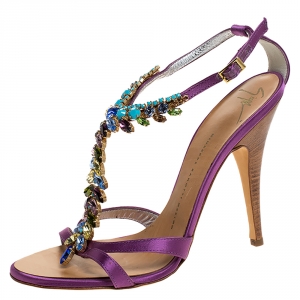 Pre Owned Giuseppe Zanotti Purple Satin Crystal Embellished Ankle Strap Sandals Size 38.5