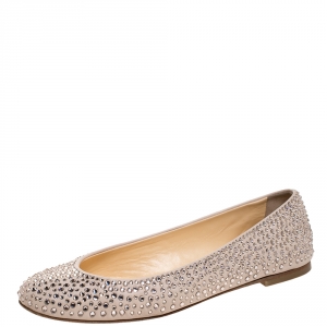 Pre Owned Giuseppe Zanotti Beige Leather Crystal Embellished Ballet Flats Size 36.5
