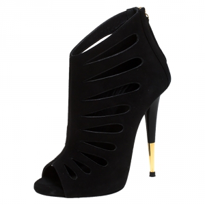 Pre Owned Giuseppe Zanotti Black Suede Peep Toe Cutout Booties Size 37