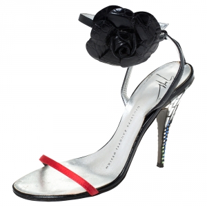 Pre Owned Giuseppe Zanotti Red/Black Satin and Patent Flower Embellished And Mirror Heel Sandals Size 36