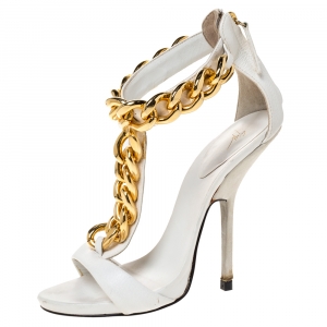 Pre Owned Giuseppe Zanotti White Textured Leather And Suede Chain Embellished T-Strap Sandals Size 37