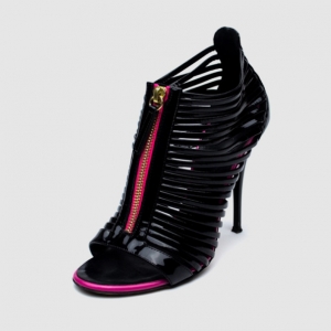 Pre Owned Giuseppe Zanotti Black Patent Leather Strappy Open Toe Back Zip Sandals Size 36