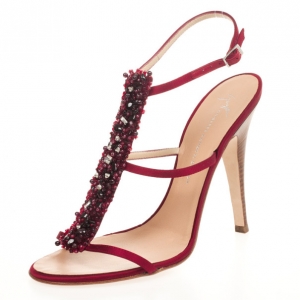 Pre Owned Giuseppe Zanotti Red Satin Embllished Sandals Size 40