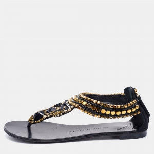 Pre Owned Giuseppe Zanotti Black Suede Crystal Embellished Thong Flats Size 38.5