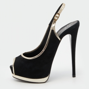 Pre Owned Giuseppe Zanotti Black /Gold Suede Slingback Platform Pumps Size 37