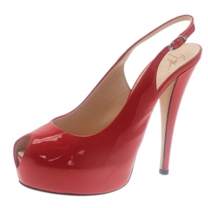 Pre Owned Giuseppe Zanotti Red Patent Leather ‘Monro 105′ Platform Peep Toe Slingback Sandals Size 40
