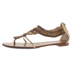 Pre Owned Giuseppe Zanotti Gold Leather Jeweled Flat Thong Sandals Size 39
