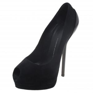 Pre Owned Giuseppe Zanotti Black Suede Peep Toe Platform Pumps Size 37