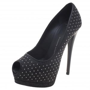 Pre Owned Giuseppe Zanotti Black Studded Felt Peep Toe Platform Pumps Size 36.5