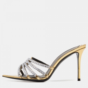 Giuseppe Zanotti Gold Laminated Leather Crystal Embellished Slide Sandals Size 37