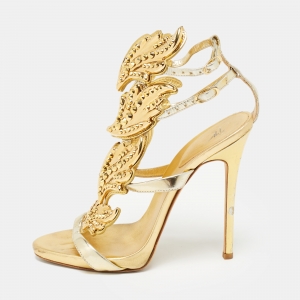 Pre Owned Giuseppe Zanotti Gold Leather Elegant Wings Sandals Size 37