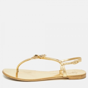 Pre Owned Giuseppe Zanotti Gold Leather Crystal Embellished Scorpio Flat Sandals Size 37