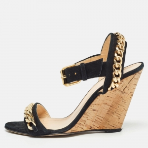 Pre Owned Giuseppe Zanotti Black Suede Chainlink Cork Wedge Sandals Size 38