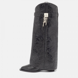 Pre Owned Givenchy Black Leather Shark Lock Cowboy Knee Length Boots Size 37