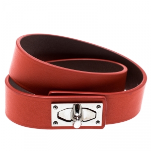 Givenchy Shark Tooth Orange Leather Silver Tone Double Wrap Bracelet 