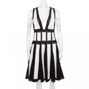 Givenchy Monochrome Open Knit Studded Plunge Neck Detail Paneled Dress S
