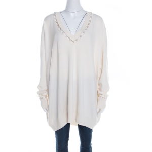 Givenchy Cream Cashmere Wool Faux Pearl Trim V Neck Sweater S