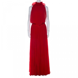 Givenchy Red Pleated Silk Cut Out Back Detail Evening Gown M