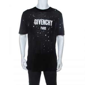 Givenchy Black Logo Print Cotton Distressed T-Shirt L
