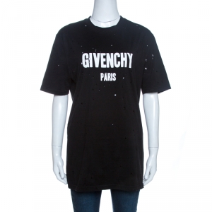 Givenchy Black Logo Print Distressed Cotton Short Sleeve T-Shirt XS