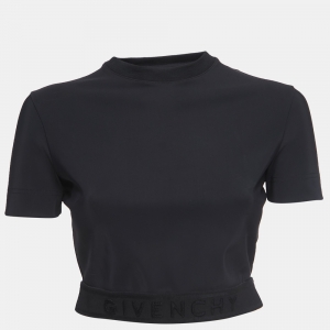 Givenchy Black Logo Detail Stretch Knit Short Sleeve Cropped Top S