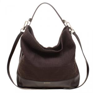 Pre Owned Givenchy Brown Canvas and Leather Large Logo Print Hobo