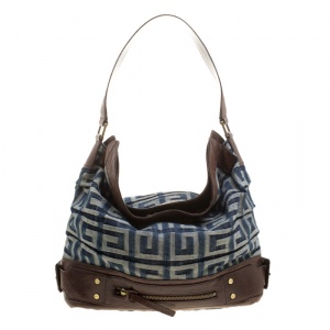 Pre Owned Givenchy Multicolor Denim and Leather Logo Print Hobo