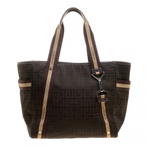 Pre Owned Givenchy Khaki/Brown Signature Nylon and Leather Tote