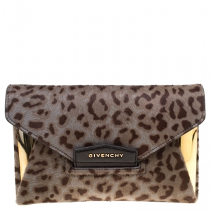 Pre Owned Givenchy Beige Leopard Print Pony Hair Antigona Envelope Clutch Bag