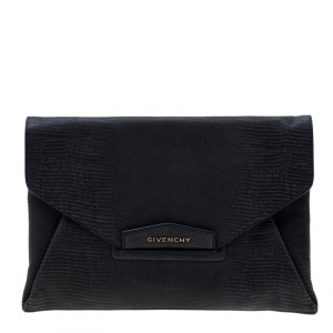 Pre Owned Givenchy Black Lizard Embossed Antigona Envelope Clutch