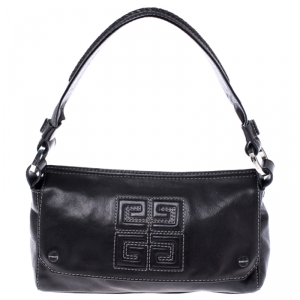 Pre Owned Givenchy Black Leather Logo Flap Shoulder Bag