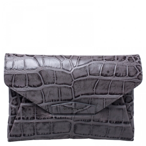 Pre Owned Givenchy Grey Croc Embossed Leather Medium Antigona Envelope Clutch