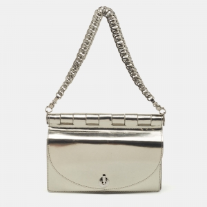 Pre Owned Versace Silver Mirrored Leather Flap Chain Shoulder Bag