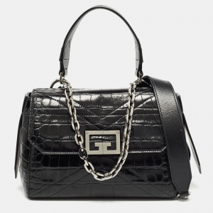 Givenchy Black Croc Embossed Leather Small ID Flap Top Handle Bag