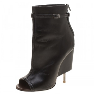 Givenchy Black Leather Screw Heel Peep Toe Booties Size 37
