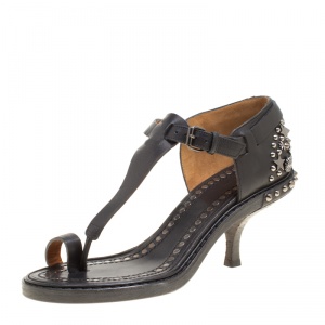 Givenchy Black Leather Stud Embellished Toe Ring T Strap Sandals Size 38