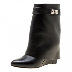 Givenchy Black Leather Shark Lock Wedge Ankle Boots Size 36.5