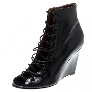 Givenchy Black Leather Wedge Heel Open Toe Ankle Boots Size 39.5