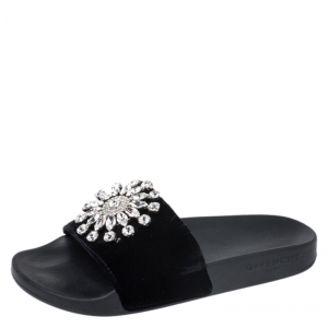 Givenchy Black Velvet Crystal Embellished Pool Slide Sandals Size 36