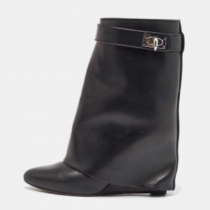 Pre Owned Givenchy Black Leather Shark Lock Wedge Ankle Boots Size 38
