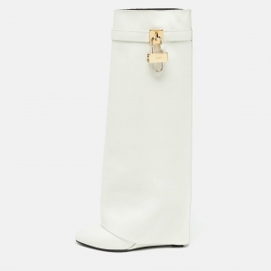 Pre Owned Givenchy White Leather Shark Lock Knee Length Boots Size 40
