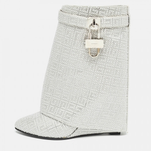 Pre Owned Givenchy Silver Satin Crystal Embellished Shark Lock Ankle Boots Size 40