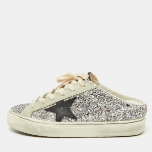 Pre Owned Golden Goose Silver Glitter and Suede Super Star Sabot Mule Sneakers Size 37