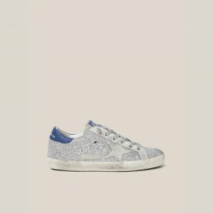 Golden Goose Deluxe Brand Metallic Superstar Silver Glitter Navy Tab Leather Sneakers Size IT 35