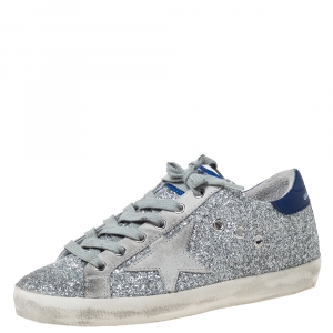Golden Goose Deluxe Brand Silver Glitter Leather And Grey Suede Star Sneakers Size 35