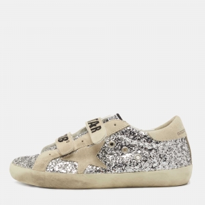 Pre Owned Golden Goose Grey/Silver Glitter and Suede Hi Star Sneakers Size 38