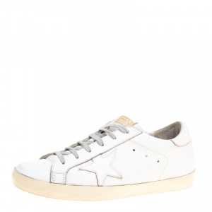 Golden Goose White Leather Superstar Feather Embroidered Sneakers Size 40